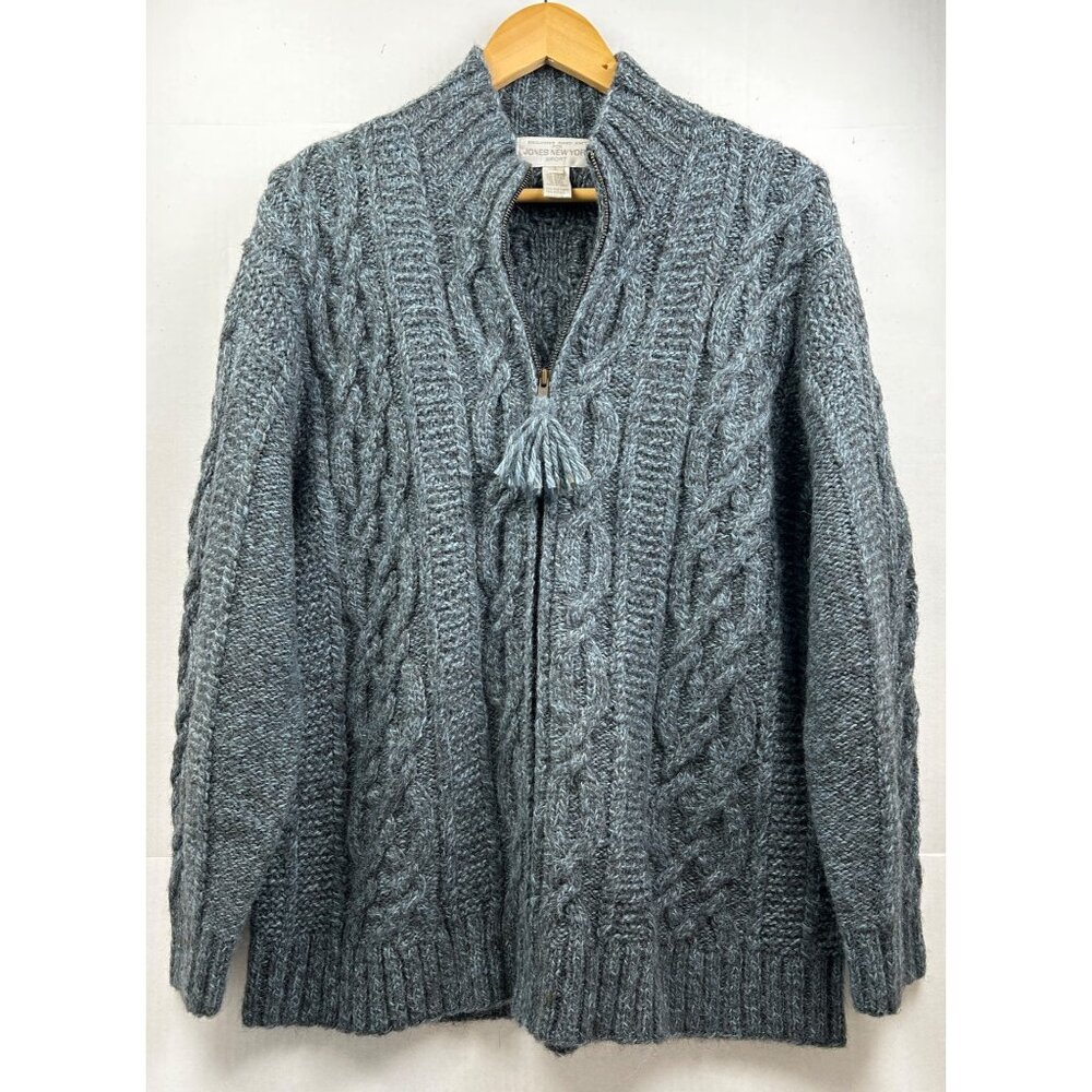 Jones New York Sport Sweater Large Hand Knit Cable Full-Zip Alpaca Wool Blend